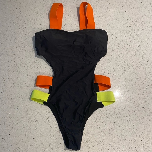 Trendy Black One-Piece Swimsuit with Orange and Yellow Straps - Picture 2 of 4